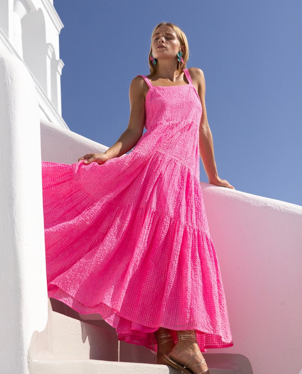 OLIPHANT Tuckernuck Strappy Tiered Maxi Dress Delray Pink Woven Cotton S